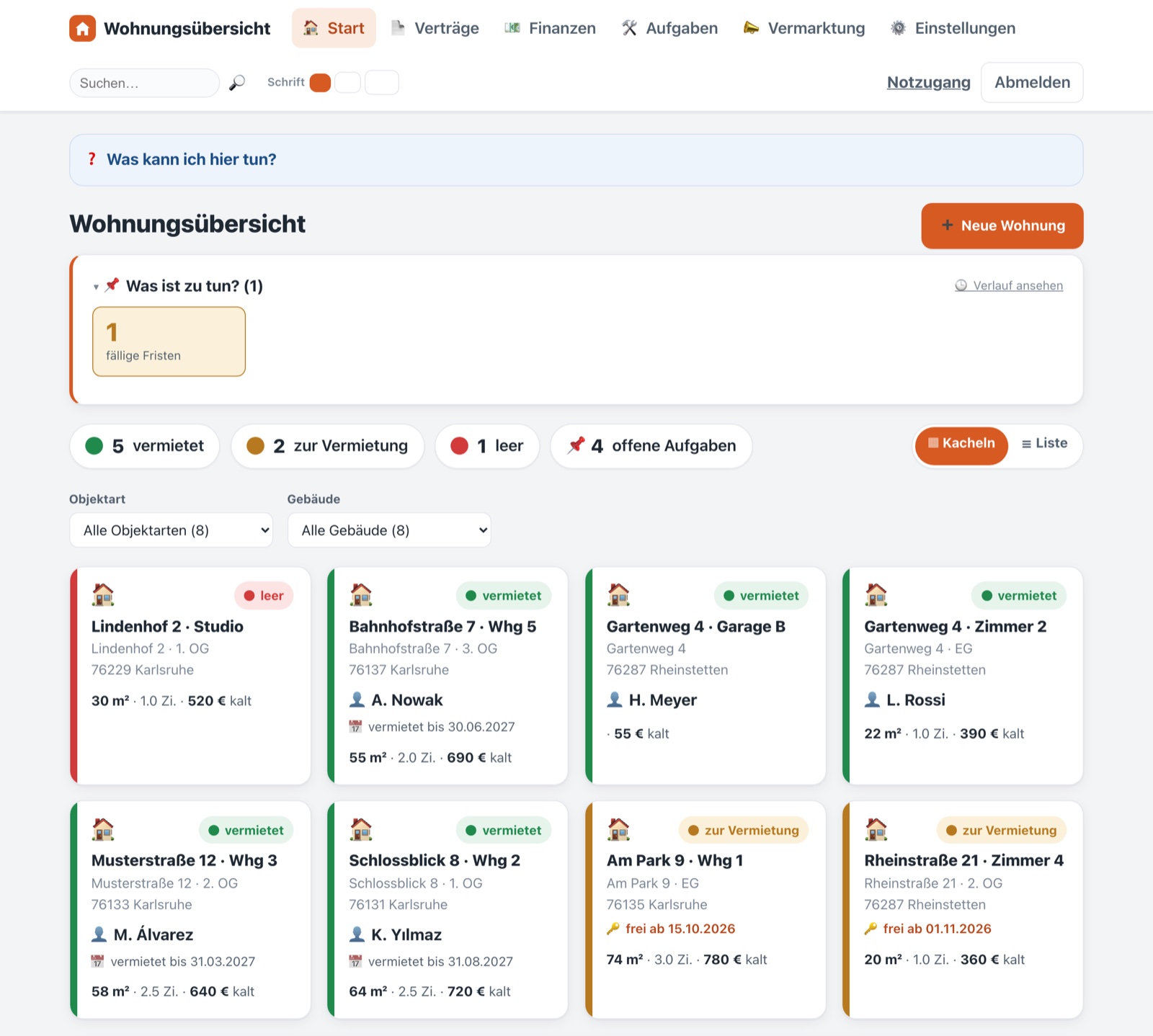 Vermietfix-Cockpit: alle Objekte als Ampel-Kacheln (vermietet, zur Vermietung, leer), Status-Filter und das Panel Was ist zu tun