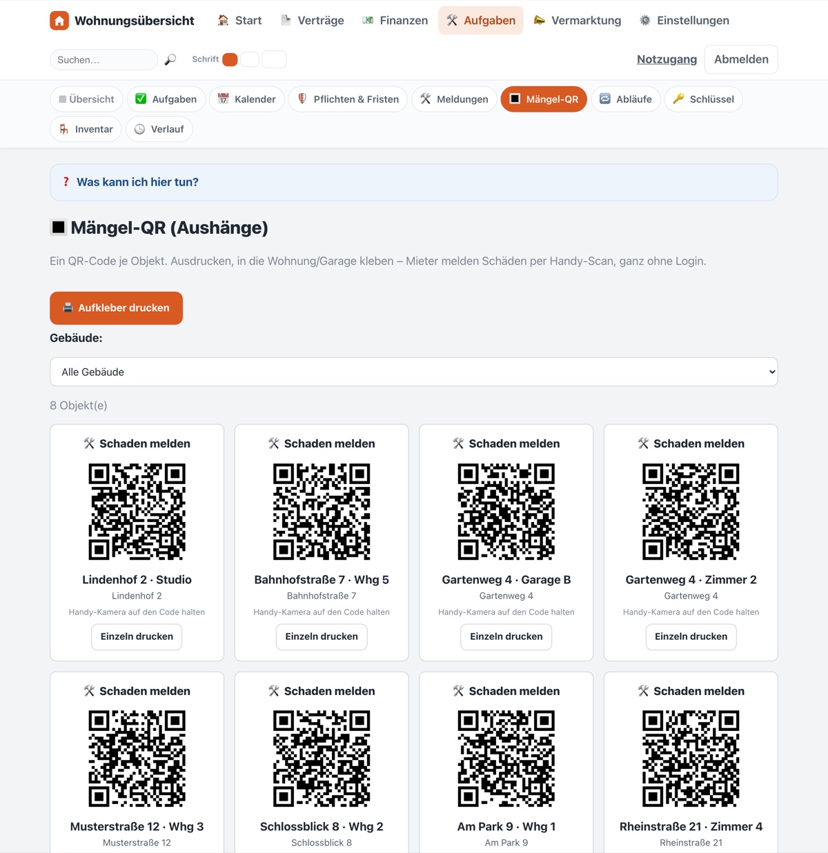 Maengel-QR-Seite in Vermietfix: ein druckbarer QR-Aufkleber je Objekt zum Schaden-Melden ohne Login